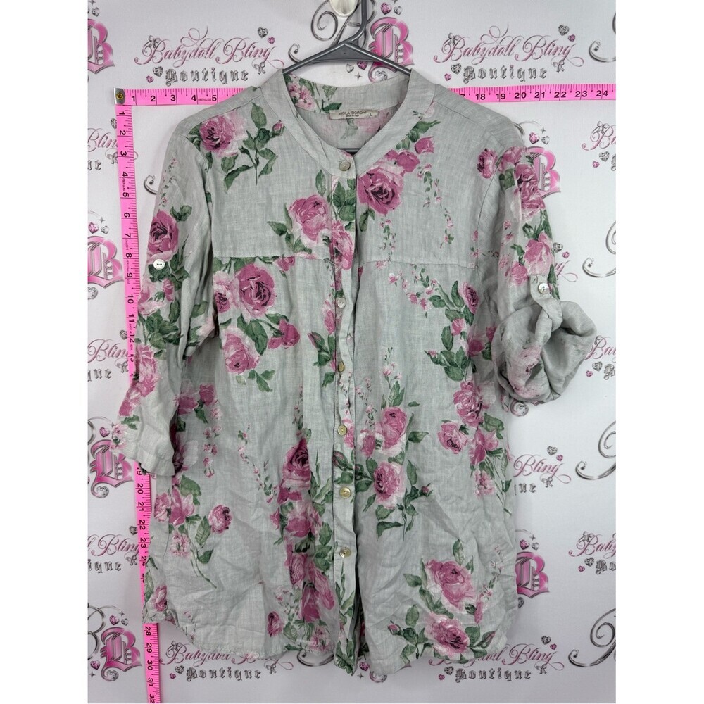 VIOLA BORGHI ITALY LINEN Light Gray Floral Button-Up Tunic with Pink Roses